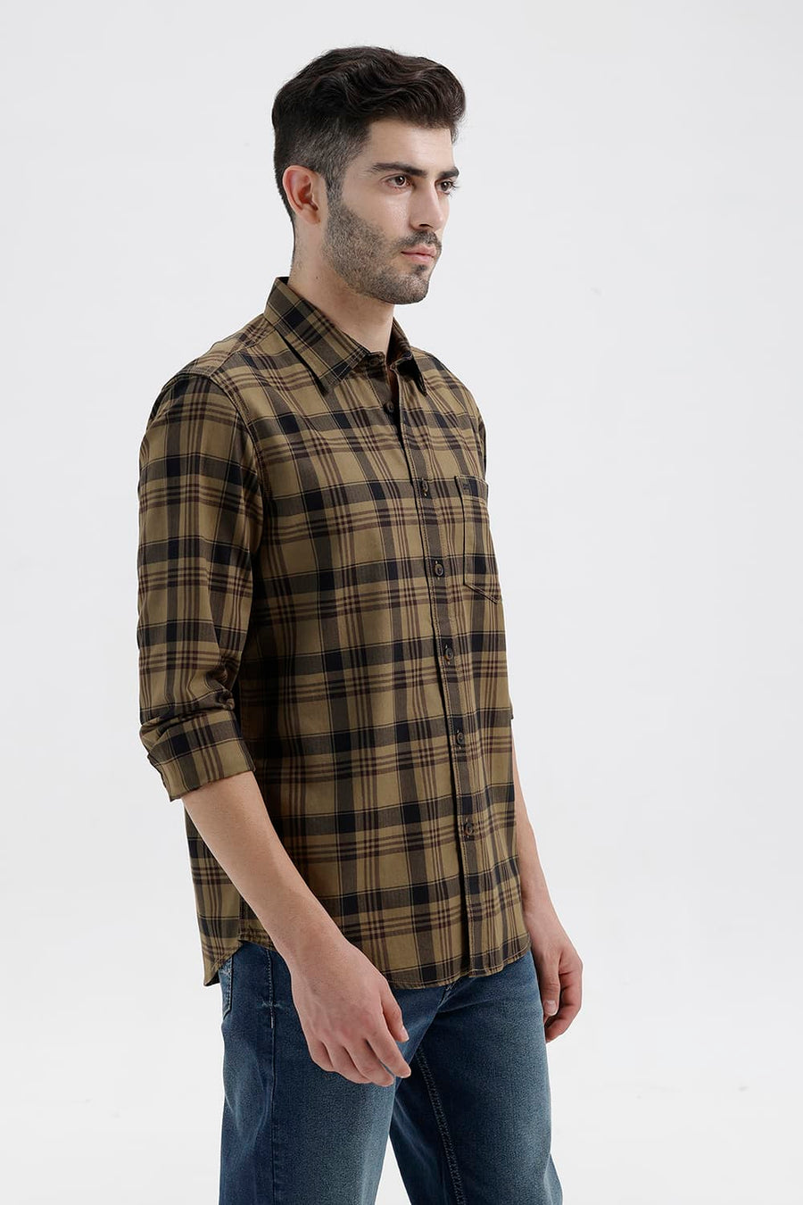 BASICS SLIM FIT KELP KHAKI COTTON HERRING BONE CHECKS SHIRT
