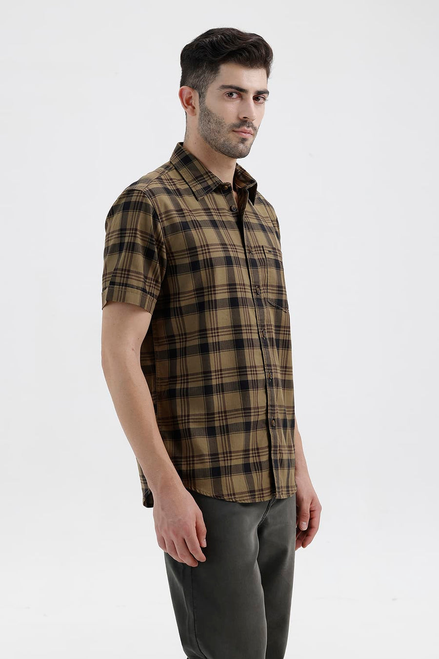 BASICS SLIM FIT KELP KHAKI COTTON HERRING BONE CHECKS HALFSLEEVES SHIRT