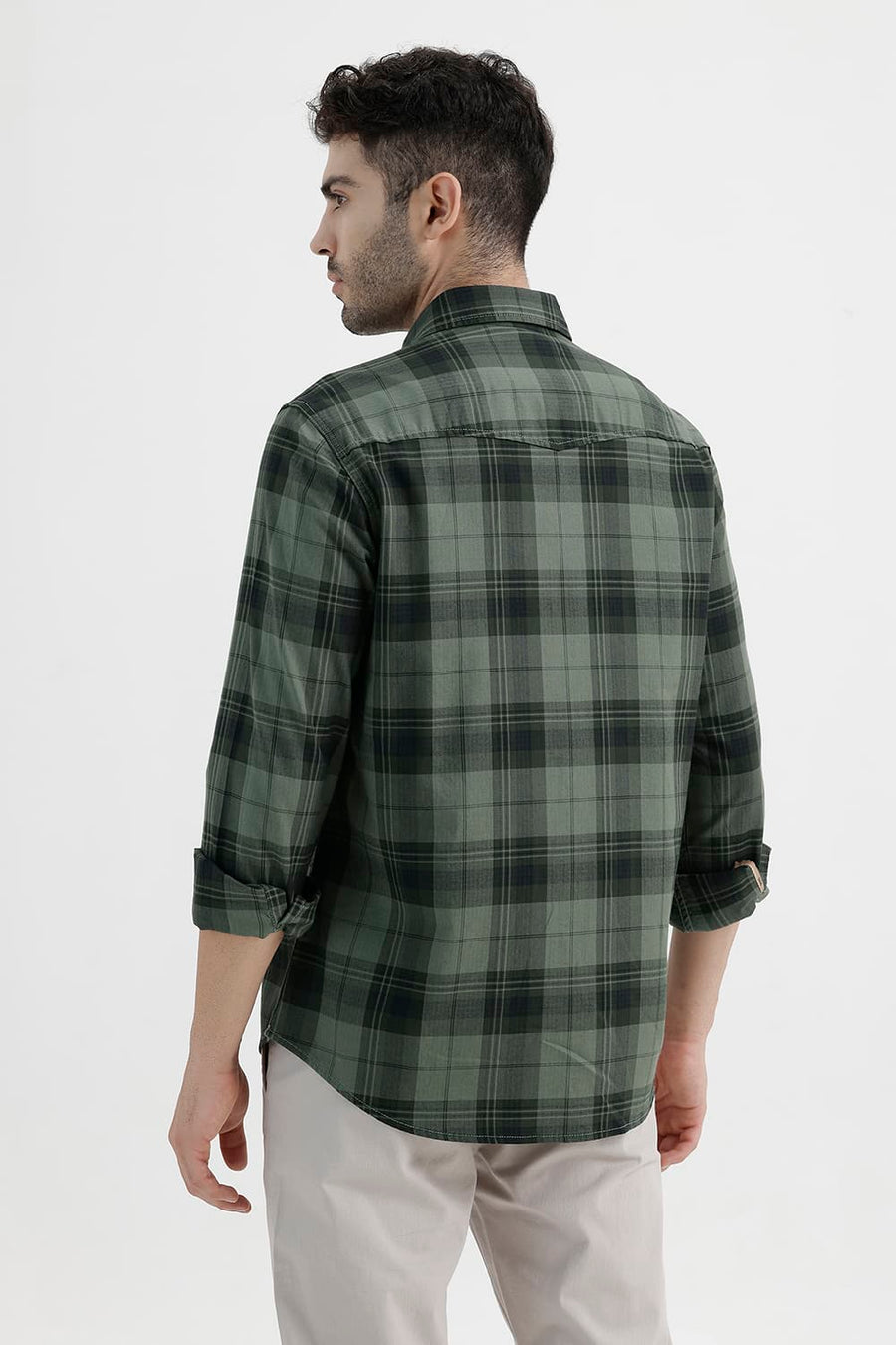 BASICS SLIM FIT OIL GREEN COTTON HERRING BONE CHECKS SHIRT
