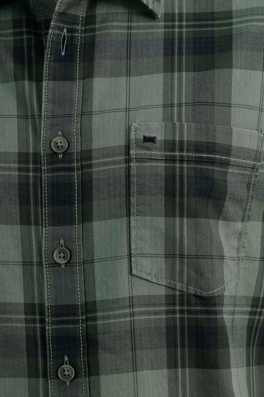 BASICS SLIM FIT OIL GREEN COTTON HERRING BONE CHECKS SHIRT