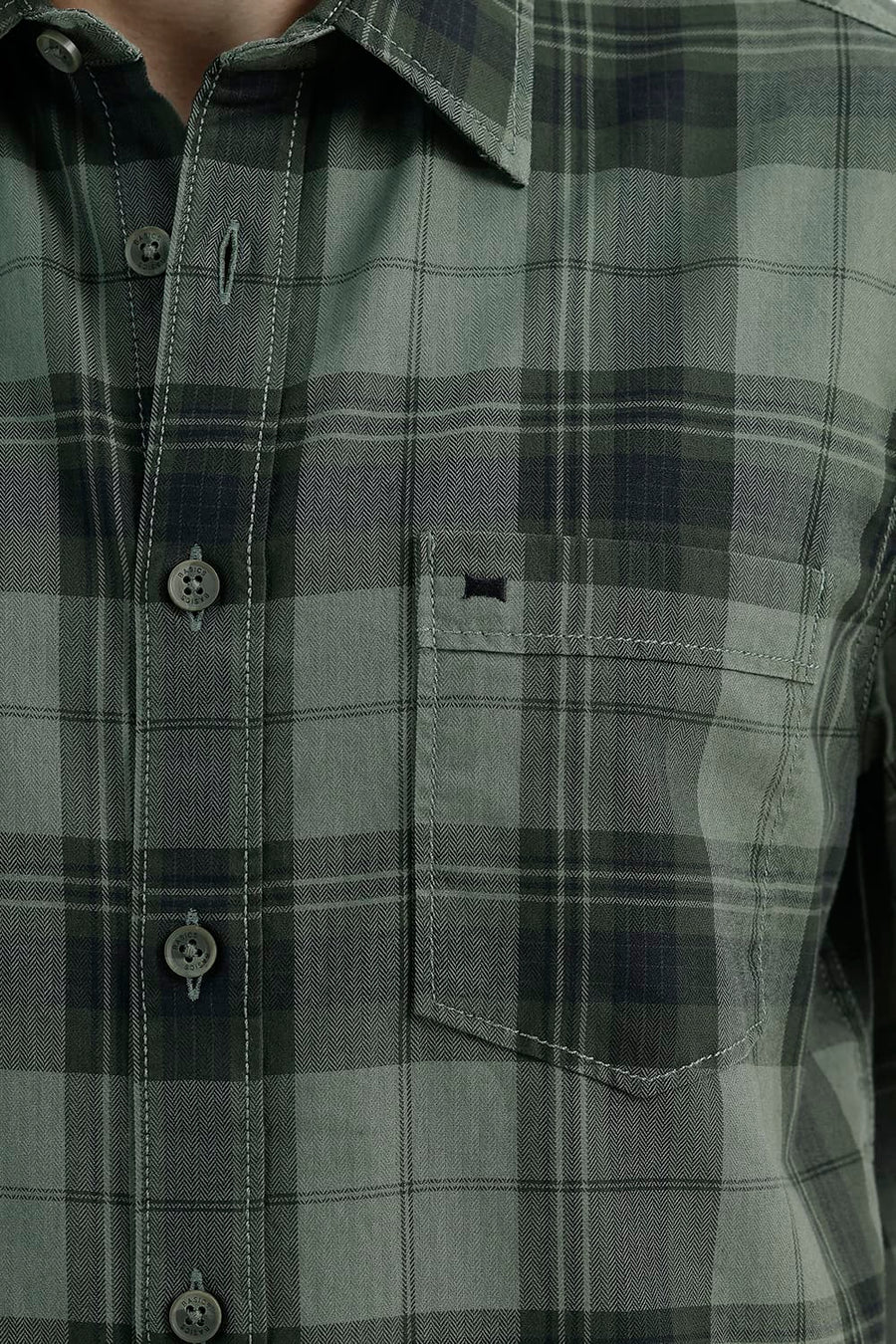 BASICS SLIM FIT OIL GREEN COTTON HERRING BONE CHECKS HALFSLEEVES SHIRT