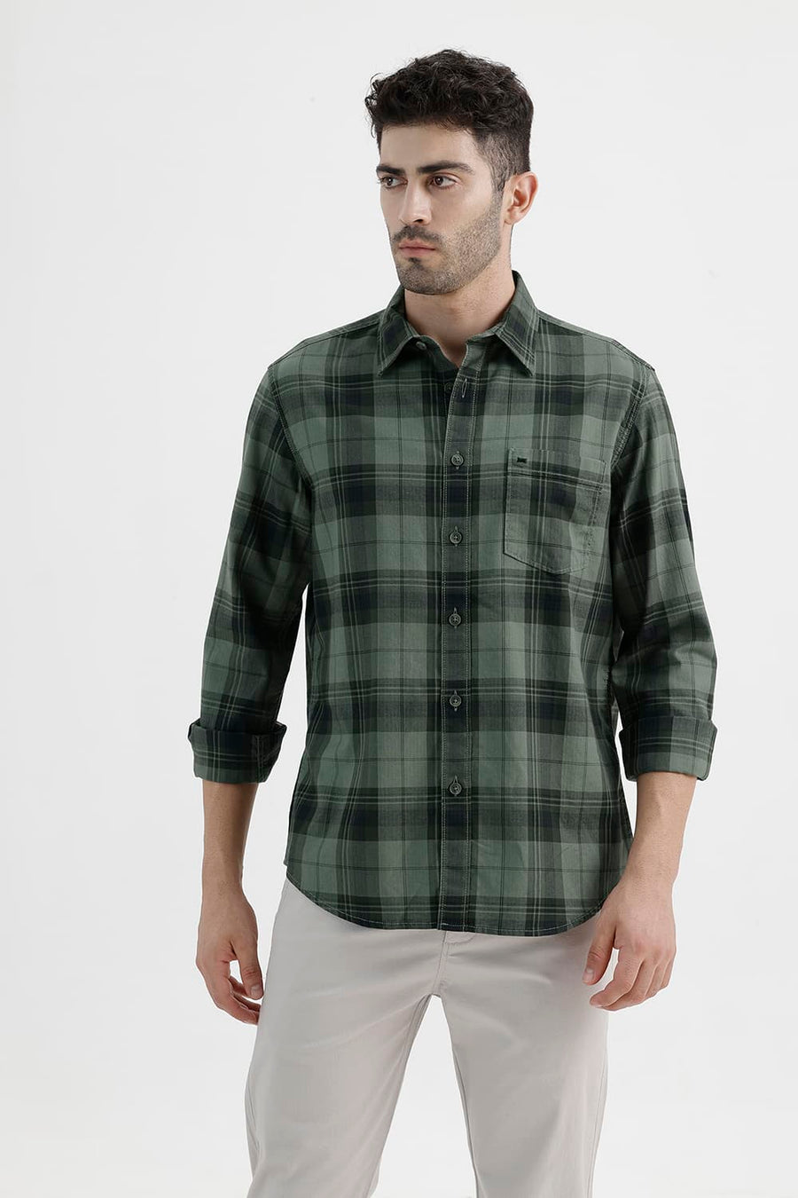 BASICS SLIM FIT OIL GREEN COTTON HERRING BONE CHECKS SHIRT