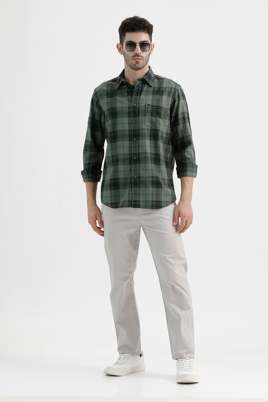 BASICS SLIM FIT OIL GREEN COTTON HERRING BONE CHECKS SHIRT