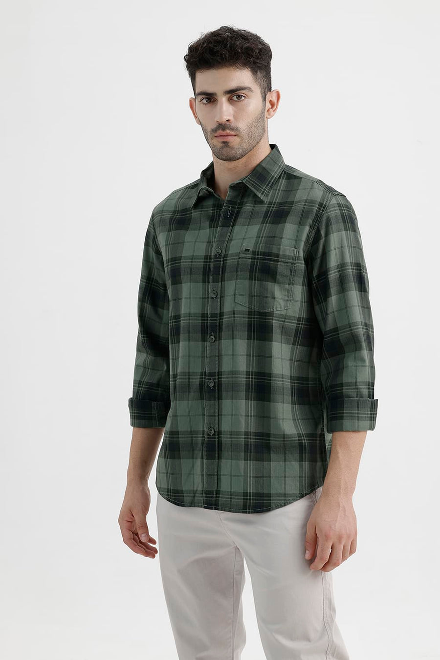 BASICS SLIM FIT OIL GREEN COTTON HERRING BONE CHECKS SHIRT