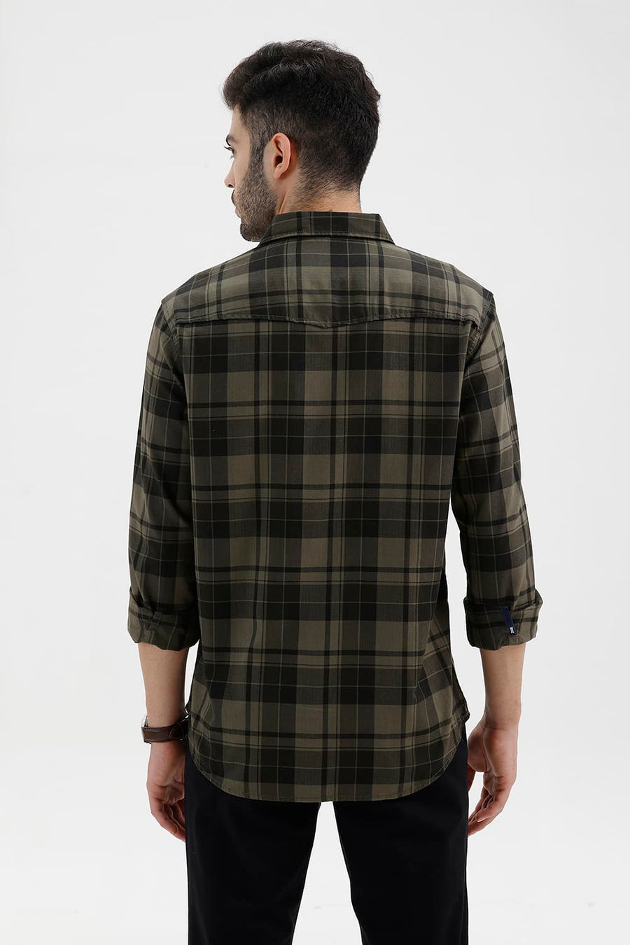 BASICS SLIM FIT THYME GREEN COTTON HERRING BONE CHECKS SHIRT
