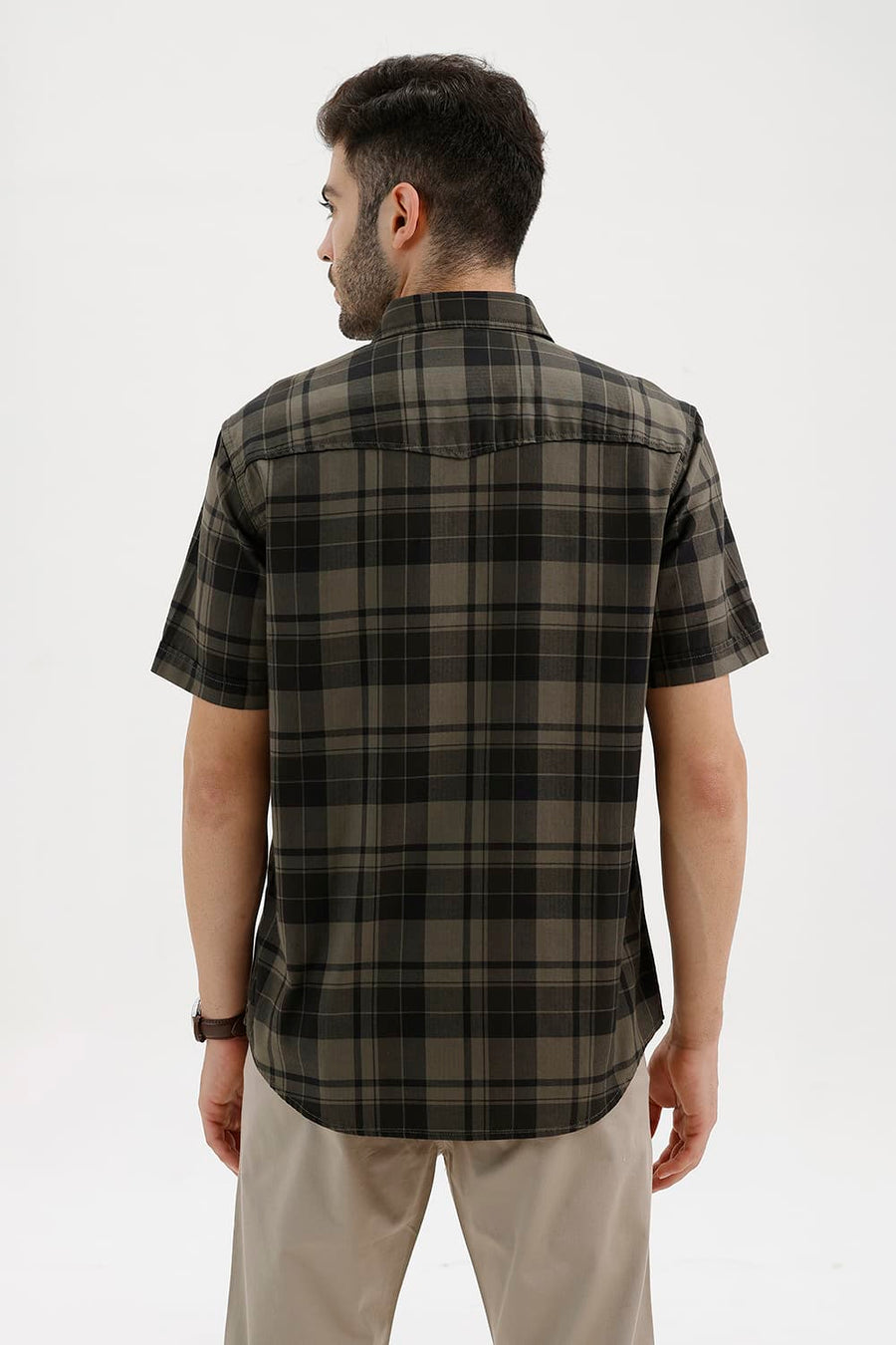 BASICS SLIM FIT THYME GREEN COTTON HERRING BONE CHECKS HALFSLEEVES SHIRT