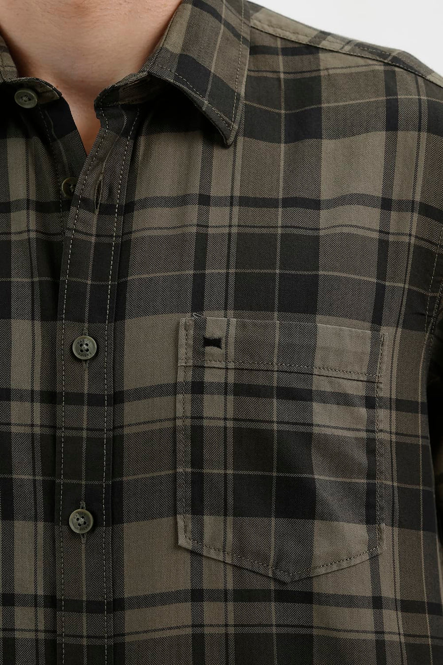 BASICS SLIM FIT THYME GREEN COTTON HERRING BONE CHECKS SHIRT