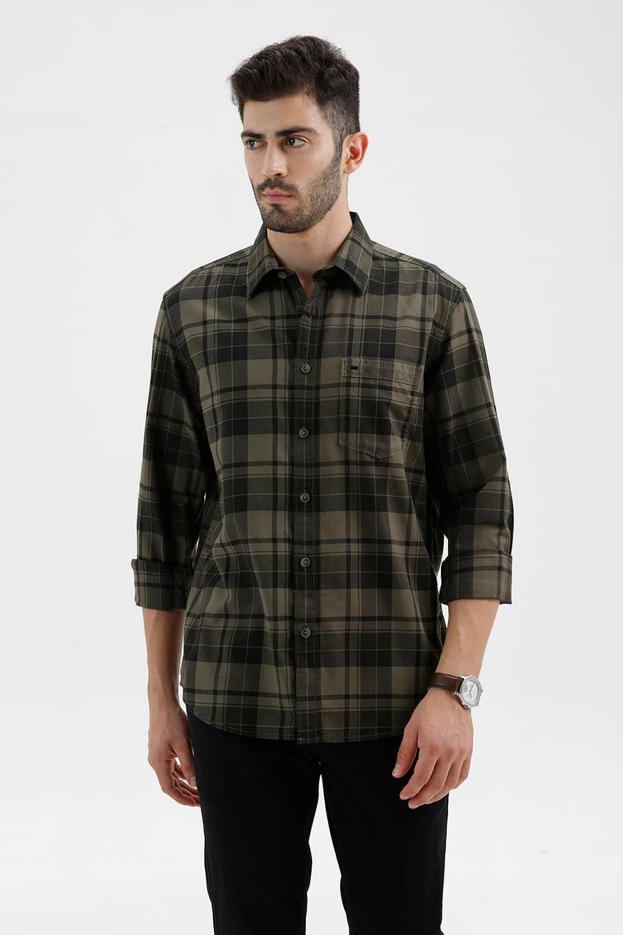 BASICS SLIM FIT THYME GREEN COTTON HERRING BONE CHECKS SHIRT
