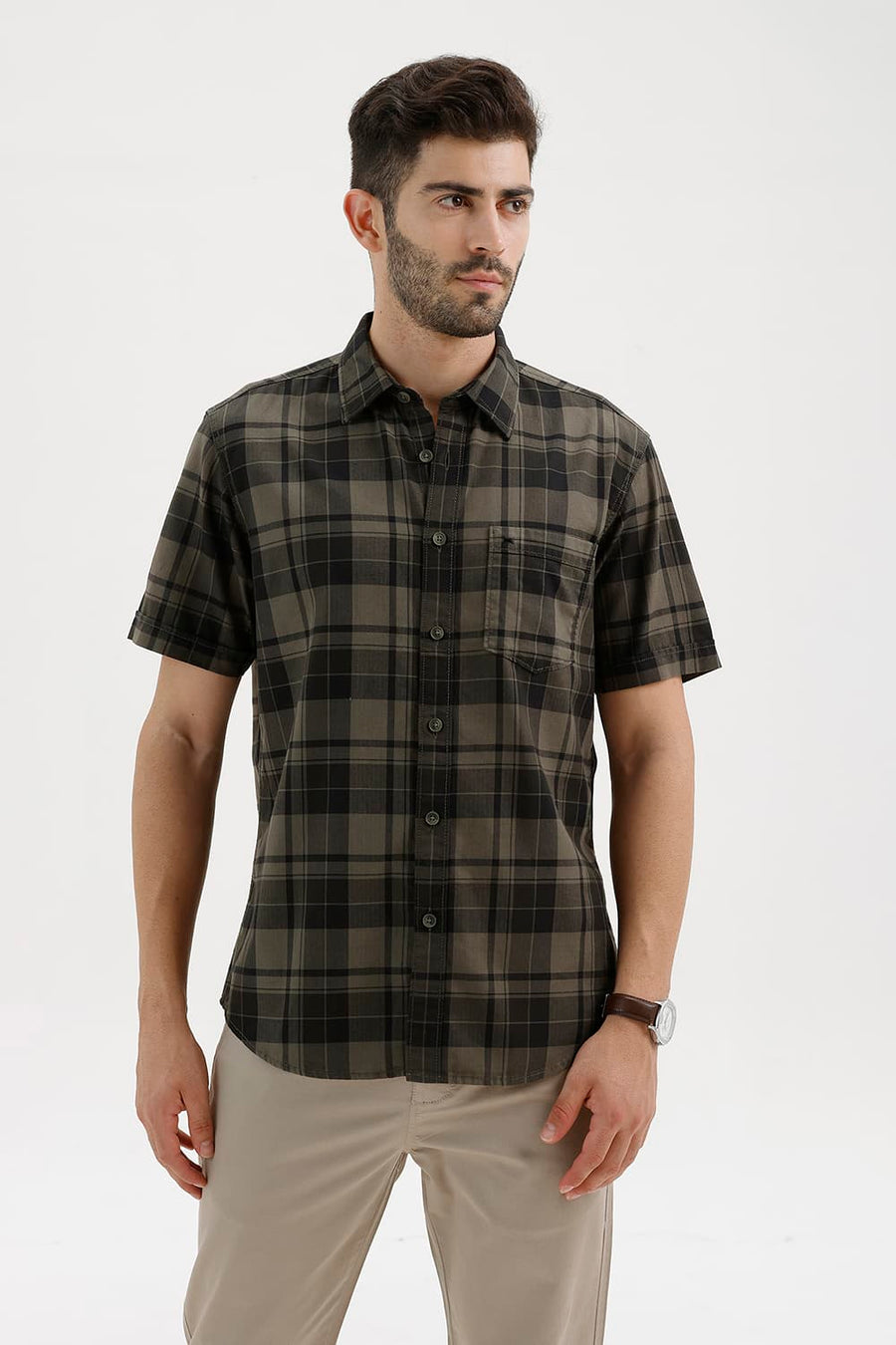 BASICS SLIM FIT THYME GREEN COTTON HERRING BONE CHECKS HALFSLEEVES SHIRT