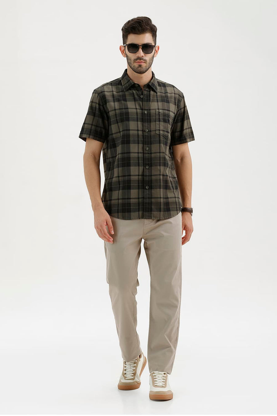 BASICS SLIM FIT THYME GREEN COTTON HERRING BONE CHECKS HALFSLEEVES SHIRT