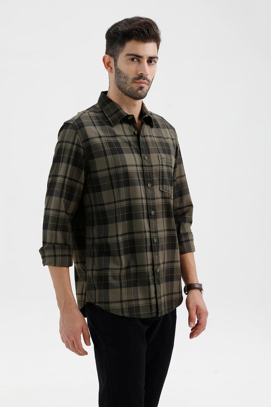BASICS SLIM FIT THYME GREEN COTTON HERRING BONE CHECKS SHIRT
