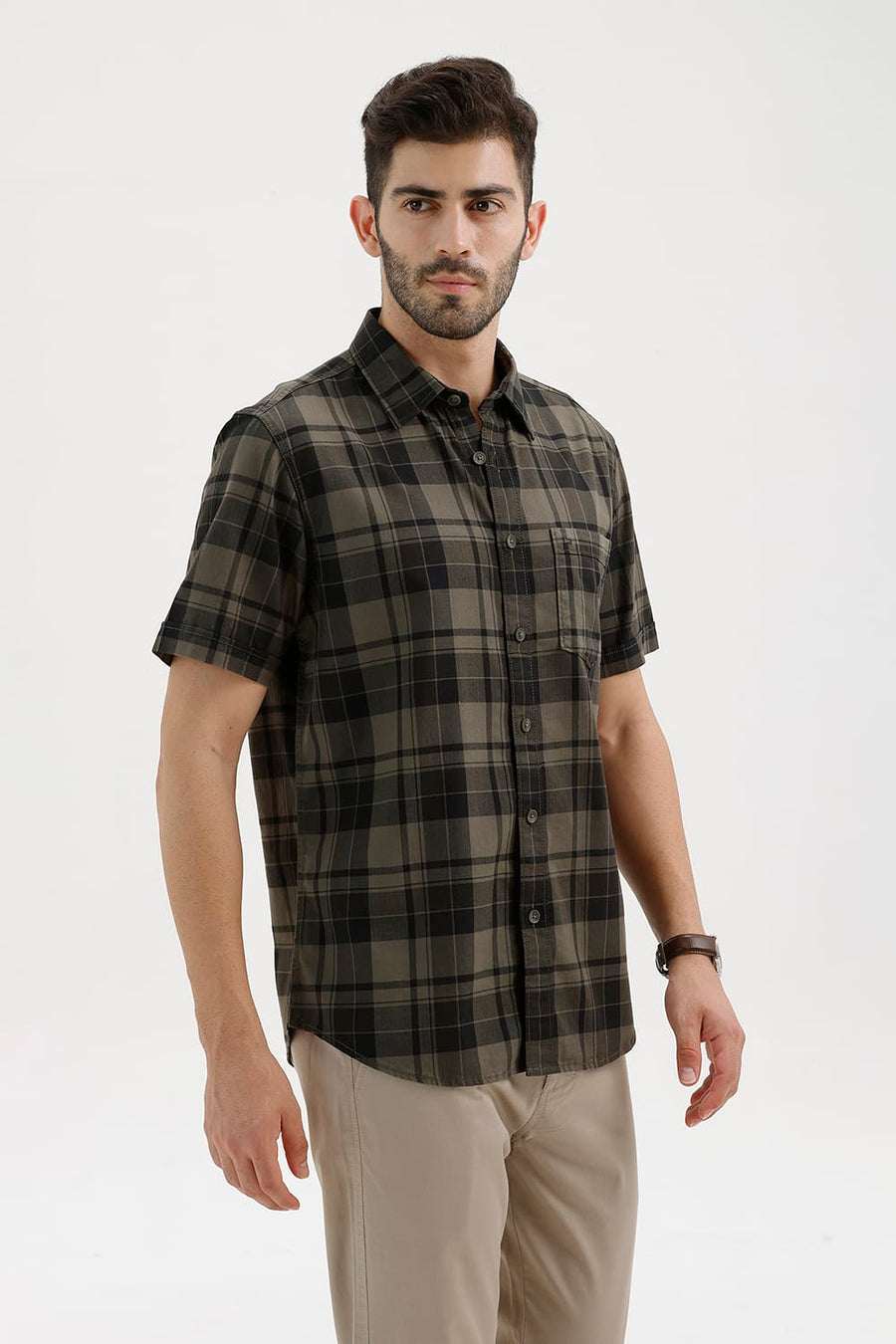 BASICS SLIM FIT THYME GREEN COTTON HERRING BONE CHECKS HALFSLEEVES SHIRT