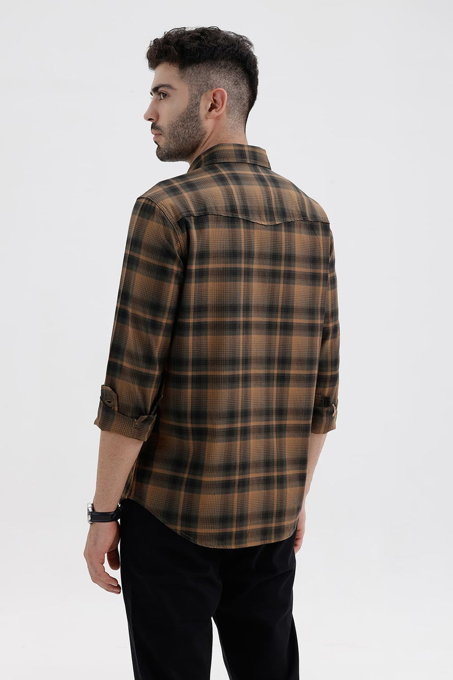 BASICS SLIM FIT TANNIN BROWN COTTON HERRING BONE CHECKS SHIRT
