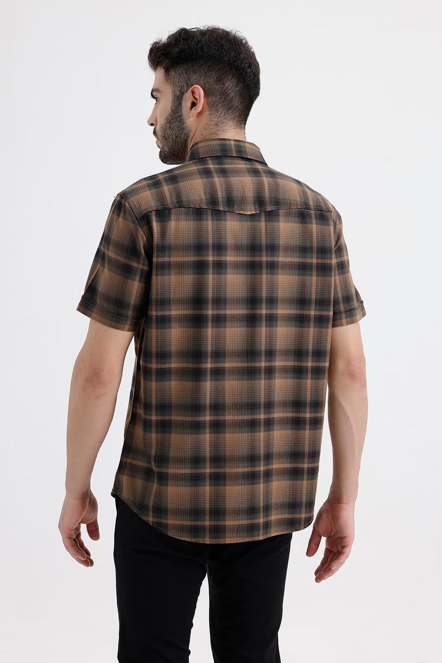 BASICS SLIM FIT TANNIN BROWN COTTON HERRING BONE CHECKS HALFSLEEVES SHIRT