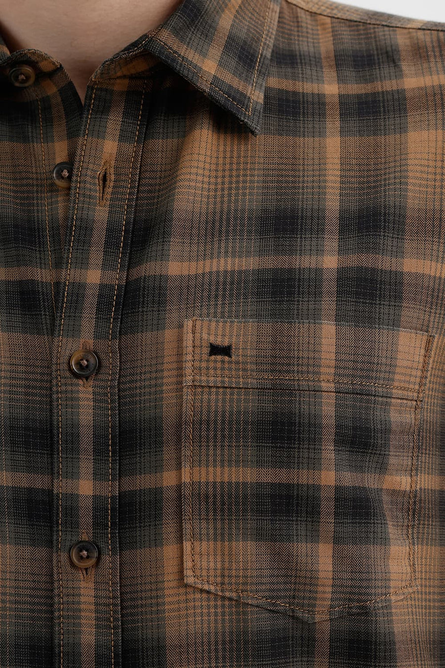 BASICS SLIM FIT TANNIN BROWN COTTON HERRING BONE CHECKS SHIRT