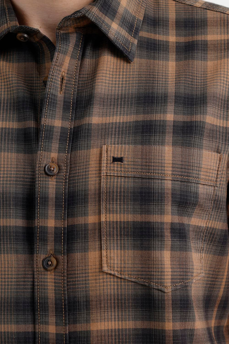 BASICS SLIM FIT TANNIN BROWN COTTON HERRING BONE CHECKS HALFSLEEVES SHIRT