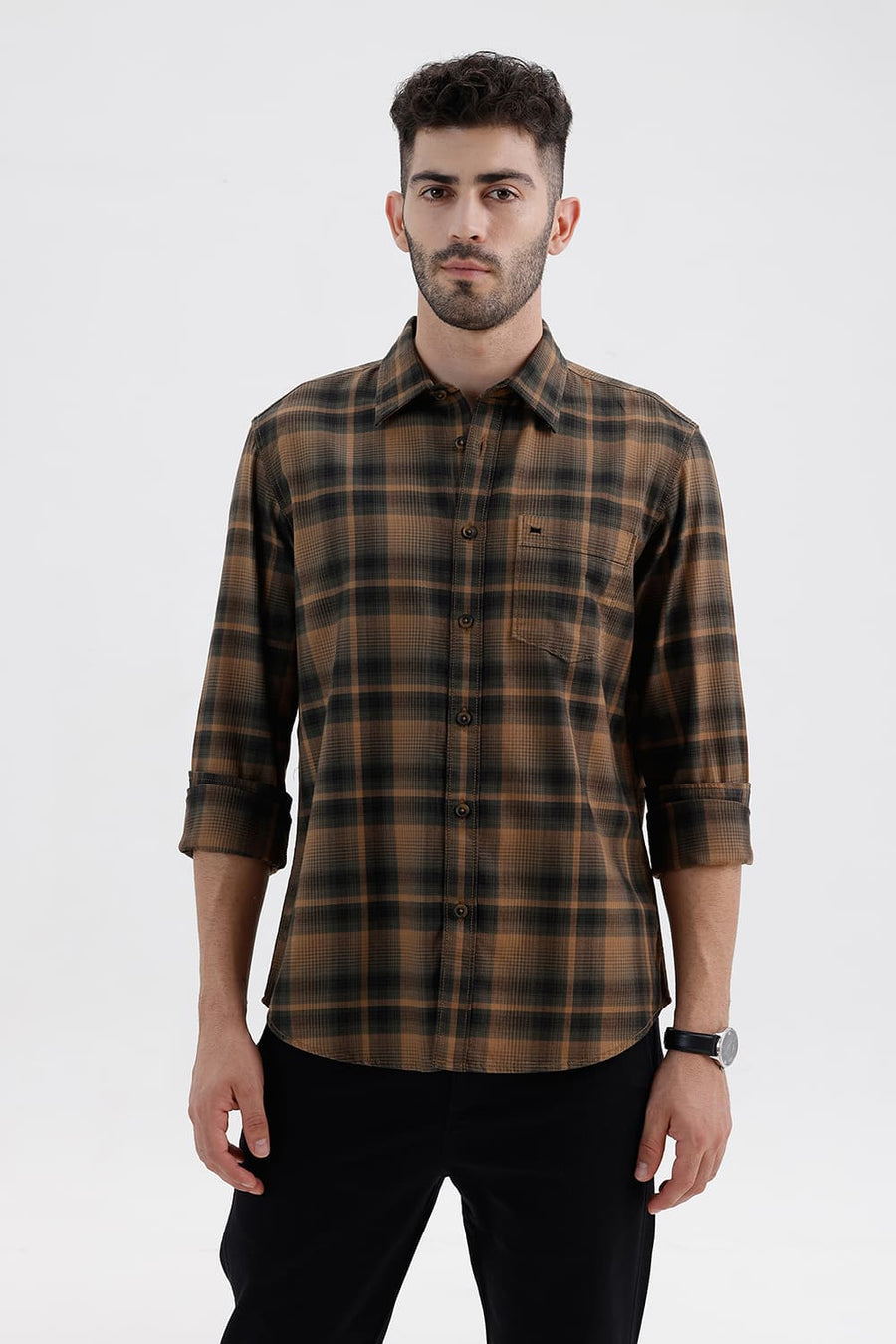 BASICS SLIM FIT TANNIN BROWN COTTON HERRING BONE CHECKS SHIRT