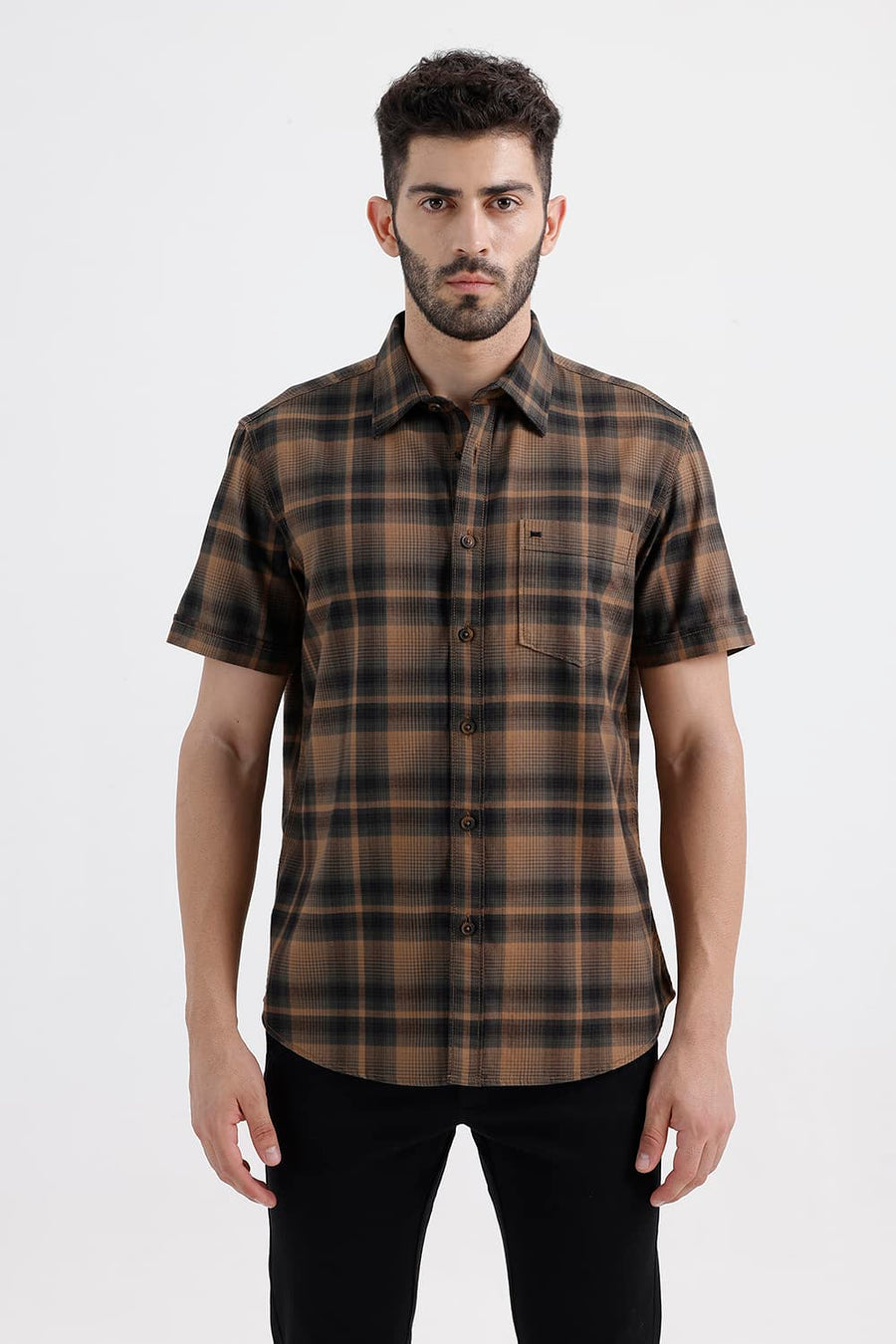 BASICS SLIM FIT TANNIN BROWN COTTON HERRING BONE CHECKS HALFSLEEVES SHIRT