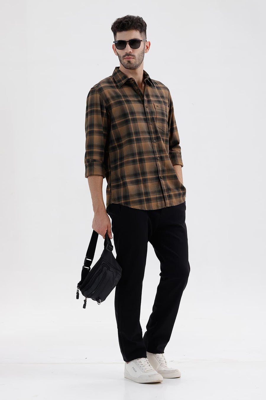 BASICS SLIM FIT TANNIN BROWN COTTON HERRING BONE CHECKS SHIRT