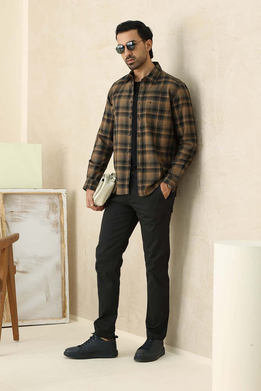 Basics Slim Fit Tannin Brown Cotton Herring Bone Checks Shirt