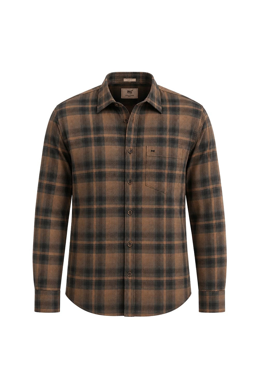 BASICS SLIM FIT TANNIN BROWN COTTON HERRING BONE CHECKS SHIRT