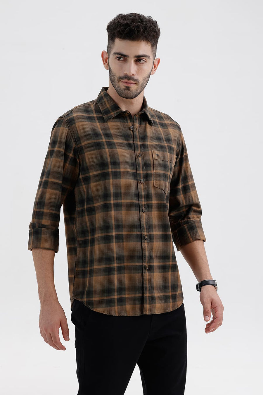 BASICS SLIM FIT TANNIN BROWN COTTON HERRING BONE CHECKS SHIRT