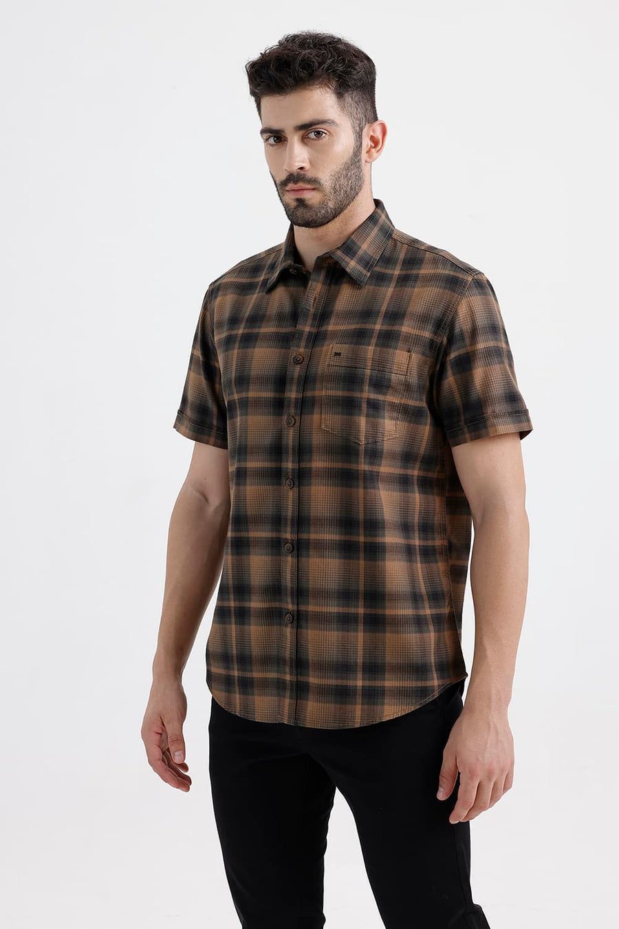 BASICS SLIM FIT TANNIN BROWN COTTON HERRING BONE CHECKS HALFSLEEVES SHIRT