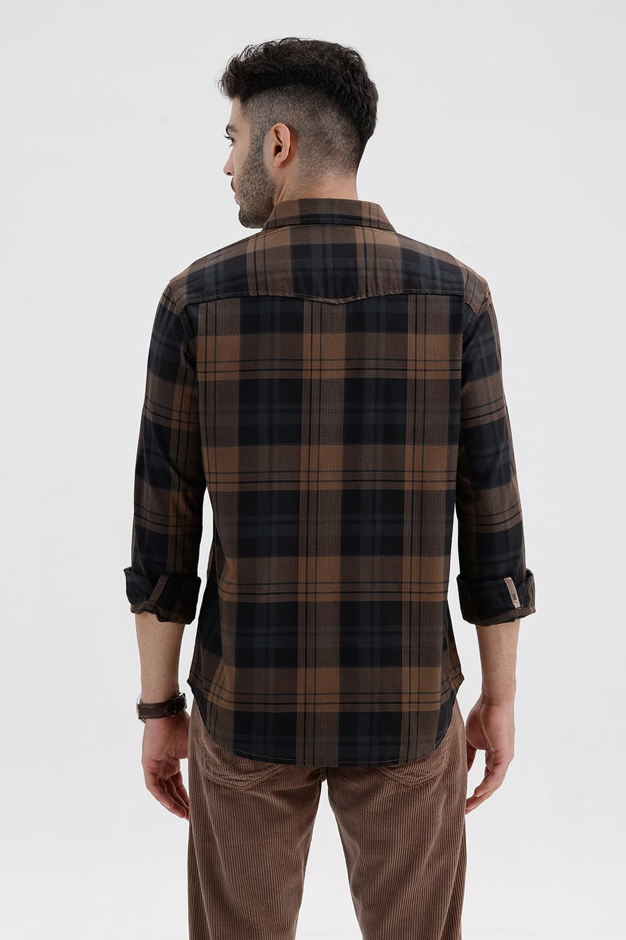 BASICS SLIM FIT LIMO BROWN COTTON HERRING BONE CHECKS SHIRT