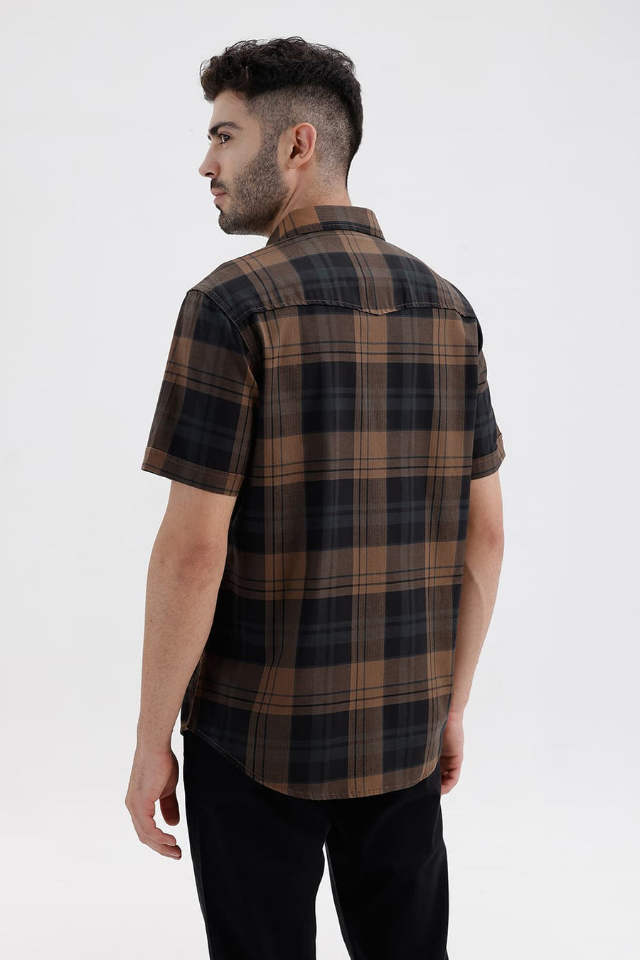 BASICS SLIM FIT LIMO BROWN COTTON HERRING BONE CHECKS HALFSLEEVES SHIRT