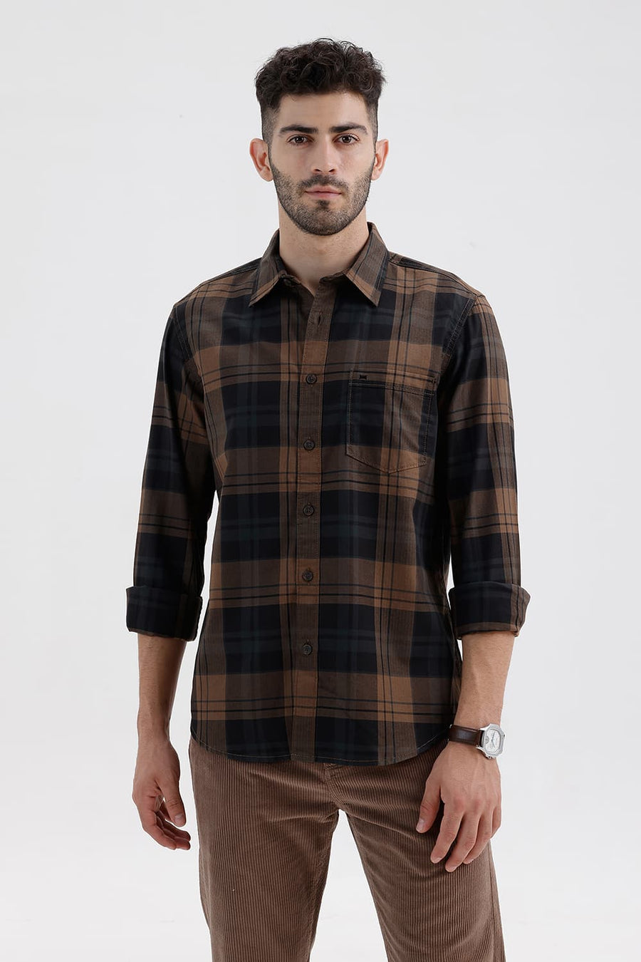 BASICS SLIM FIT LIMO BROWN COTTON HERRING BONE CHECKS SHIRT