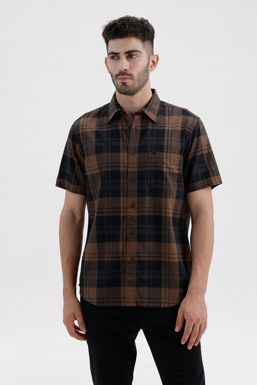 BASICS SLIM FIT LIMO BROWN COTTON HERRING BONE CHECKS HALFSLEEVES SHIRT