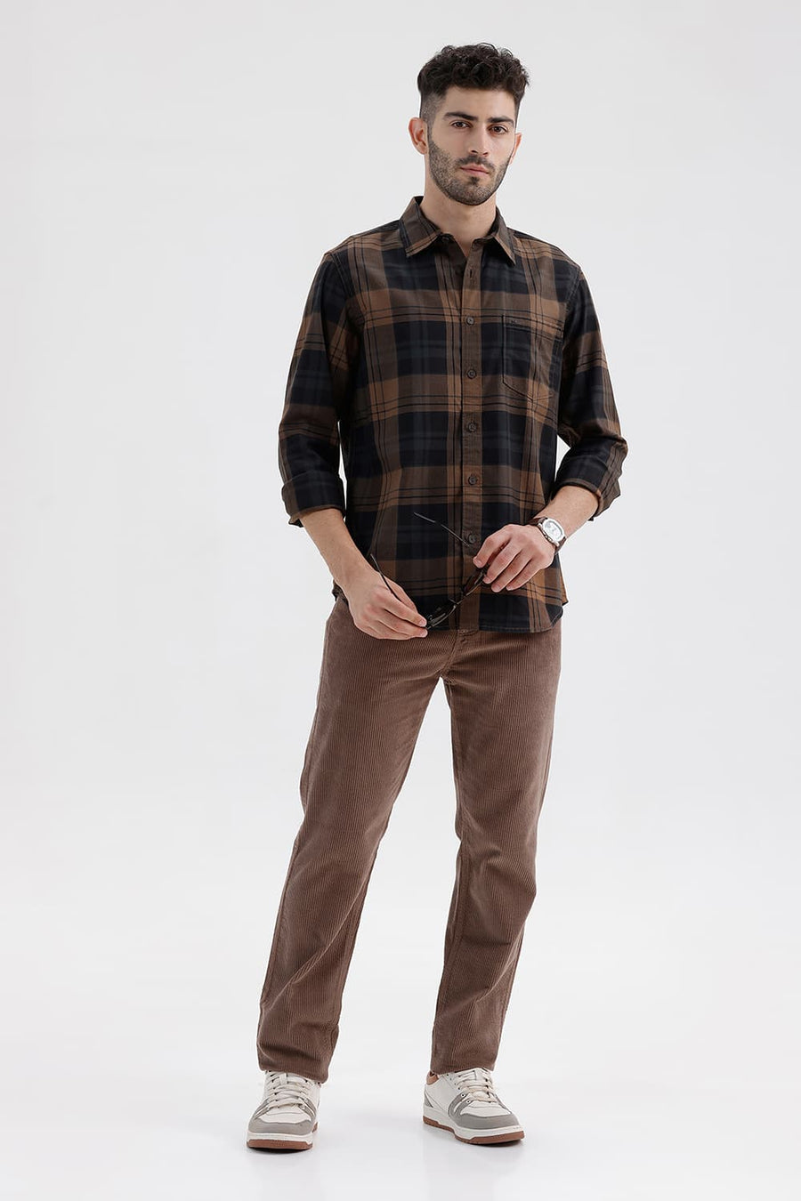 BASICS SLIM FIT LIMO BROWN COTTON HERRING BONE CHECKS SHIRT