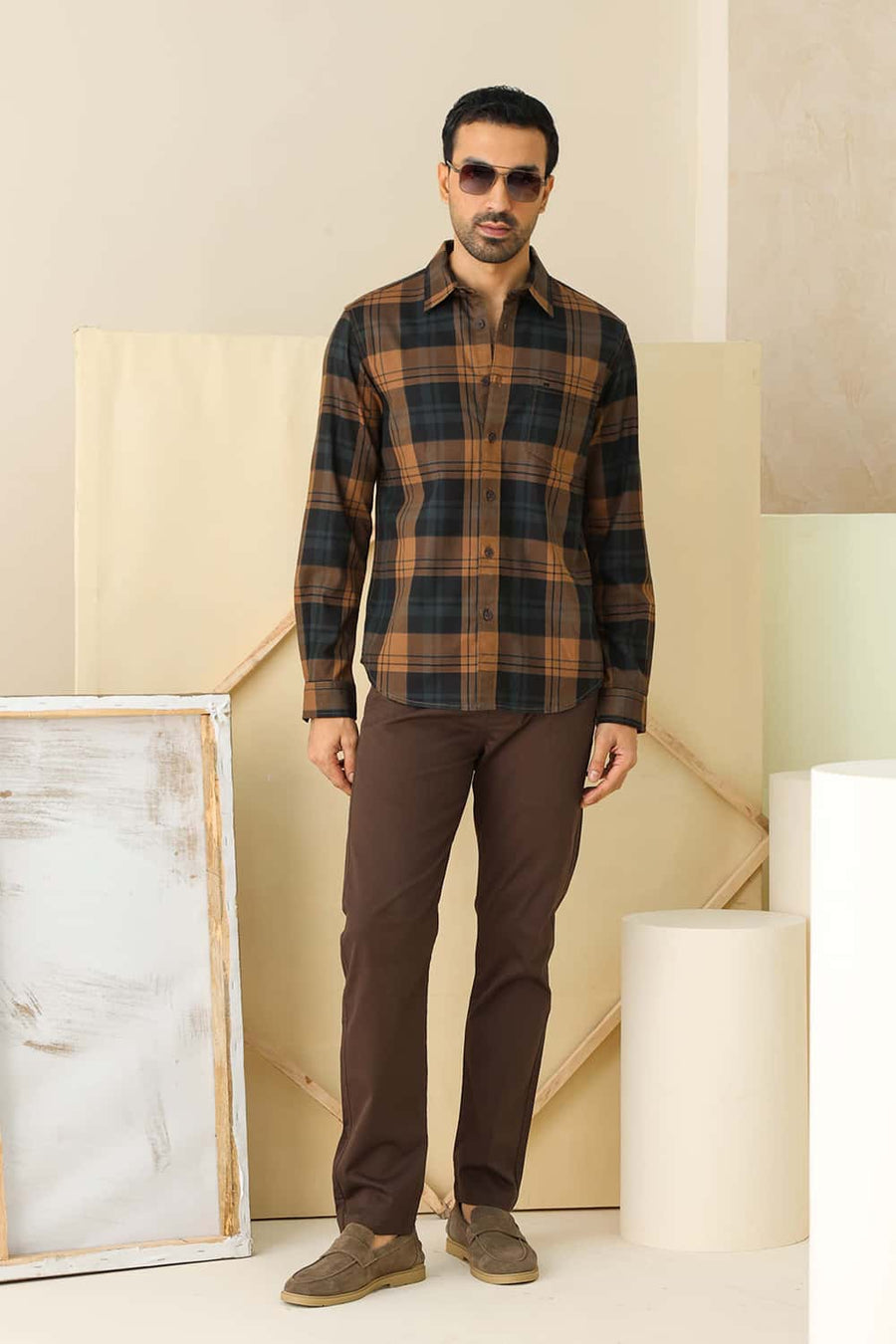 Basics Slim Fit Limo Brown Cotton Herring Bone Checks Shirt