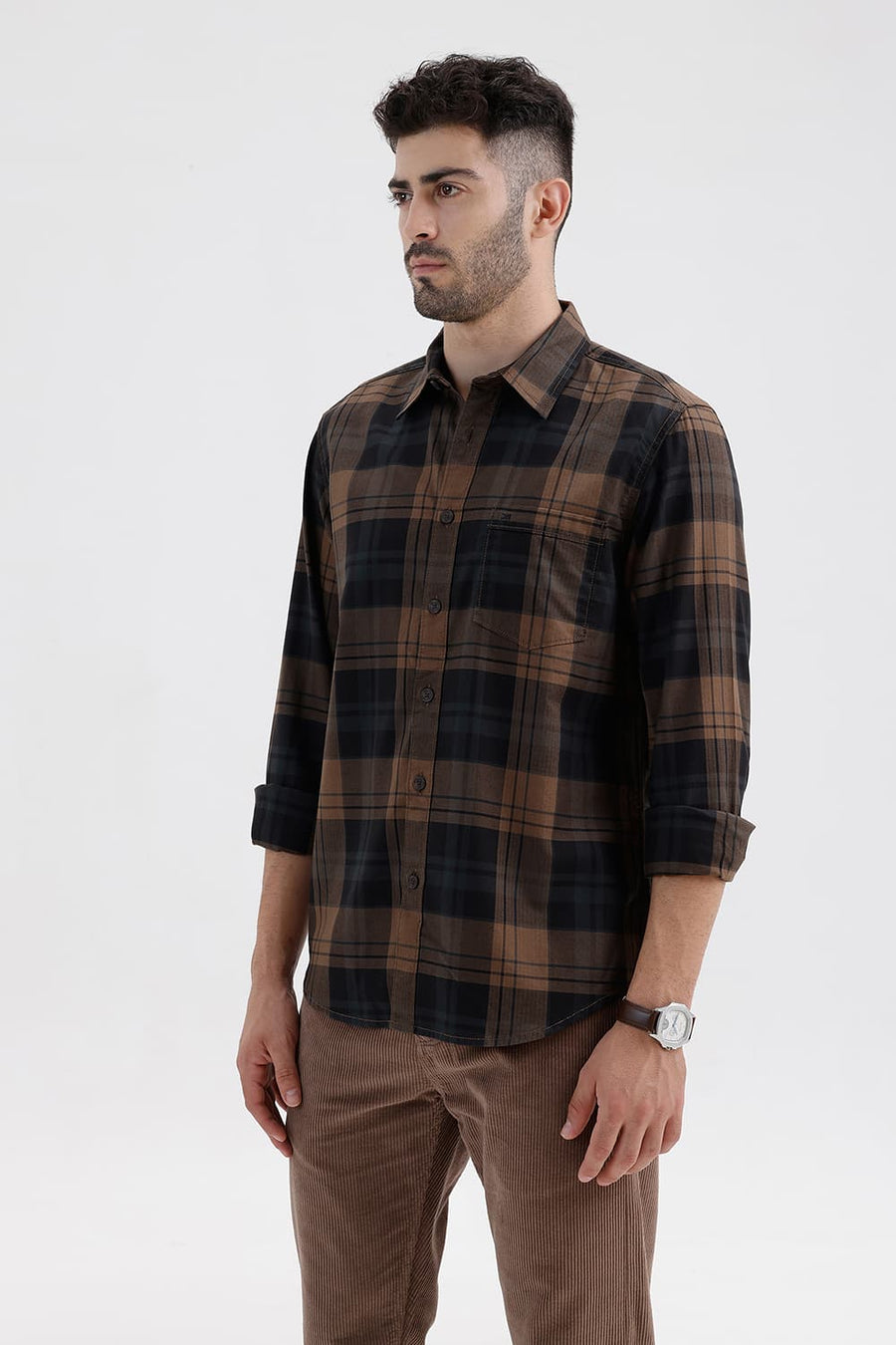 BASICS SLIM FIT LIMO BROWN COTTON HERRING BONE CHECKS SHIRT