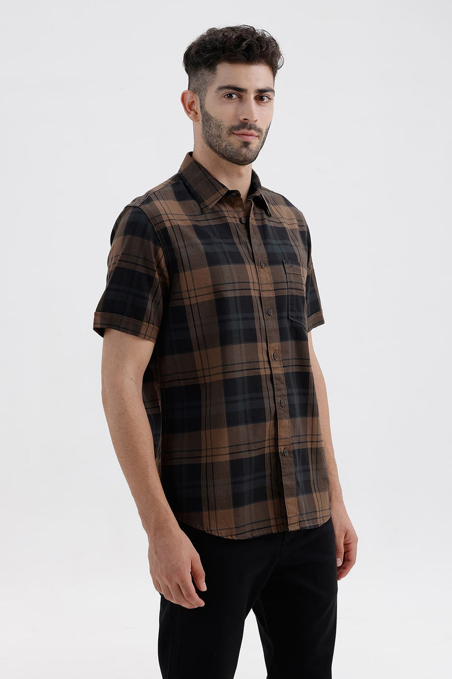 BASICS SLIM FIT LIMO BROWN COTTON HERRING BONE CHECKS HALFSLEEVES SHIRT