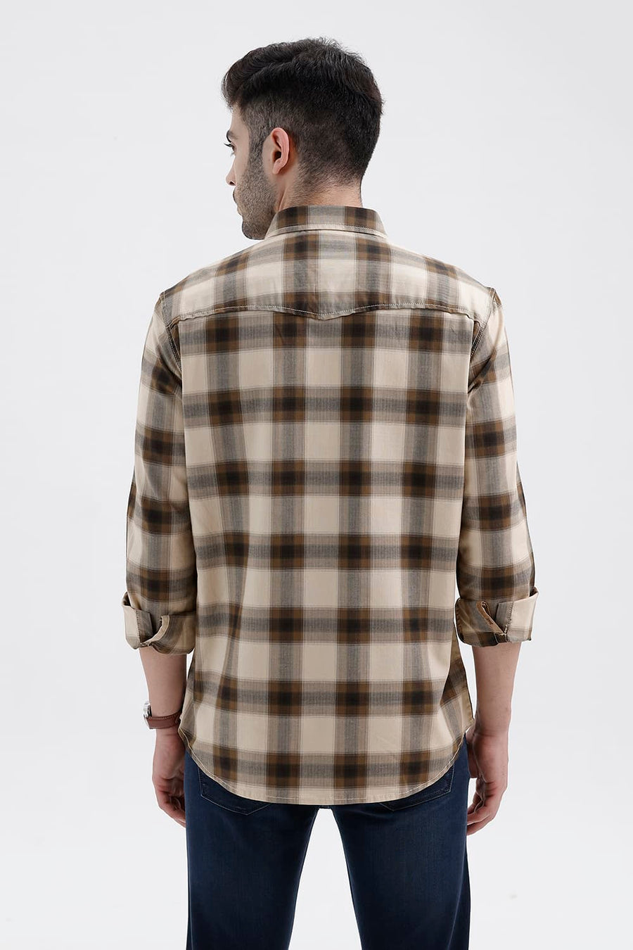 BASICS SLIM FIT BEIGE BISCOTTI COTTON HERRING BONE CHECKS SHIRT
