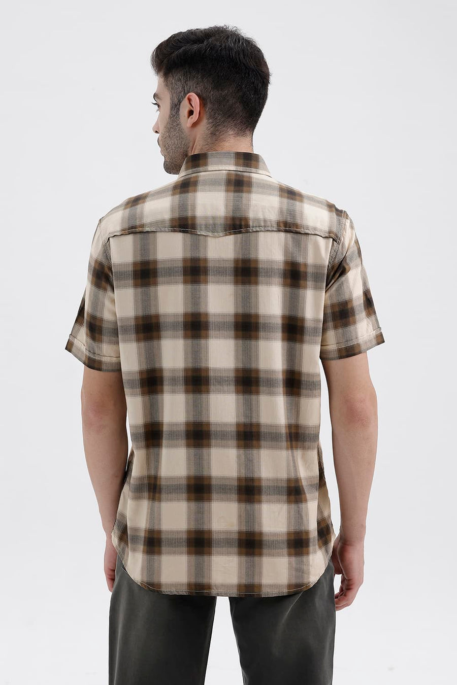 BASICS SLIM FIT BEIGE BISCOTTI COTTON HERRING BONE CHECKS HALFSLEEVES SHIRT