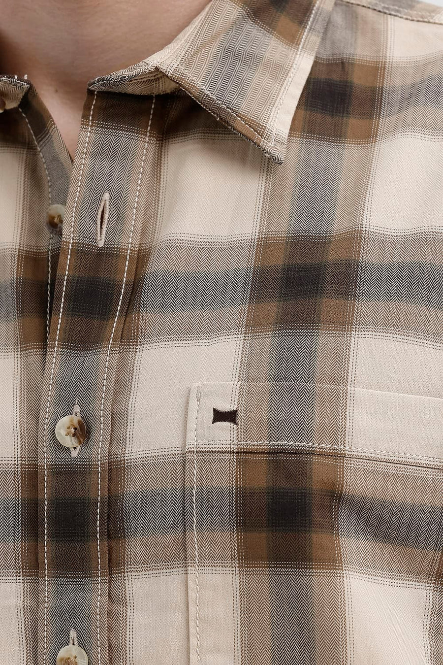 BASICS SLIM FIT BEIGE BISCOTTI COTTON HERRING BONE CHECKS SHIRT