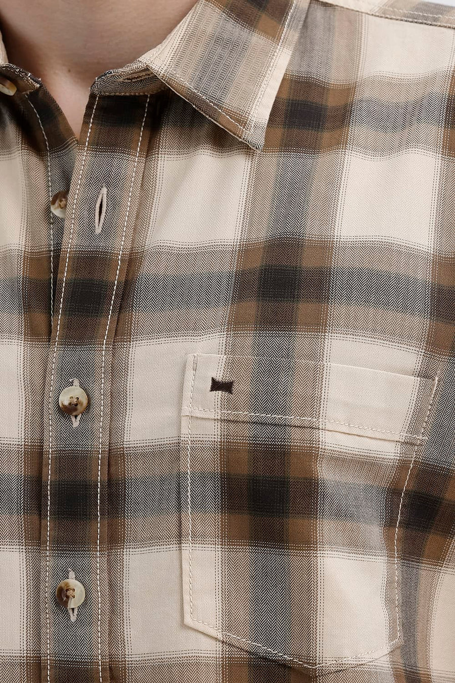 BASICS SLIM FIT BEIGE BISCOTTI COTTON HERRING BONE CHECKS HALFSLEEVES SHIRT