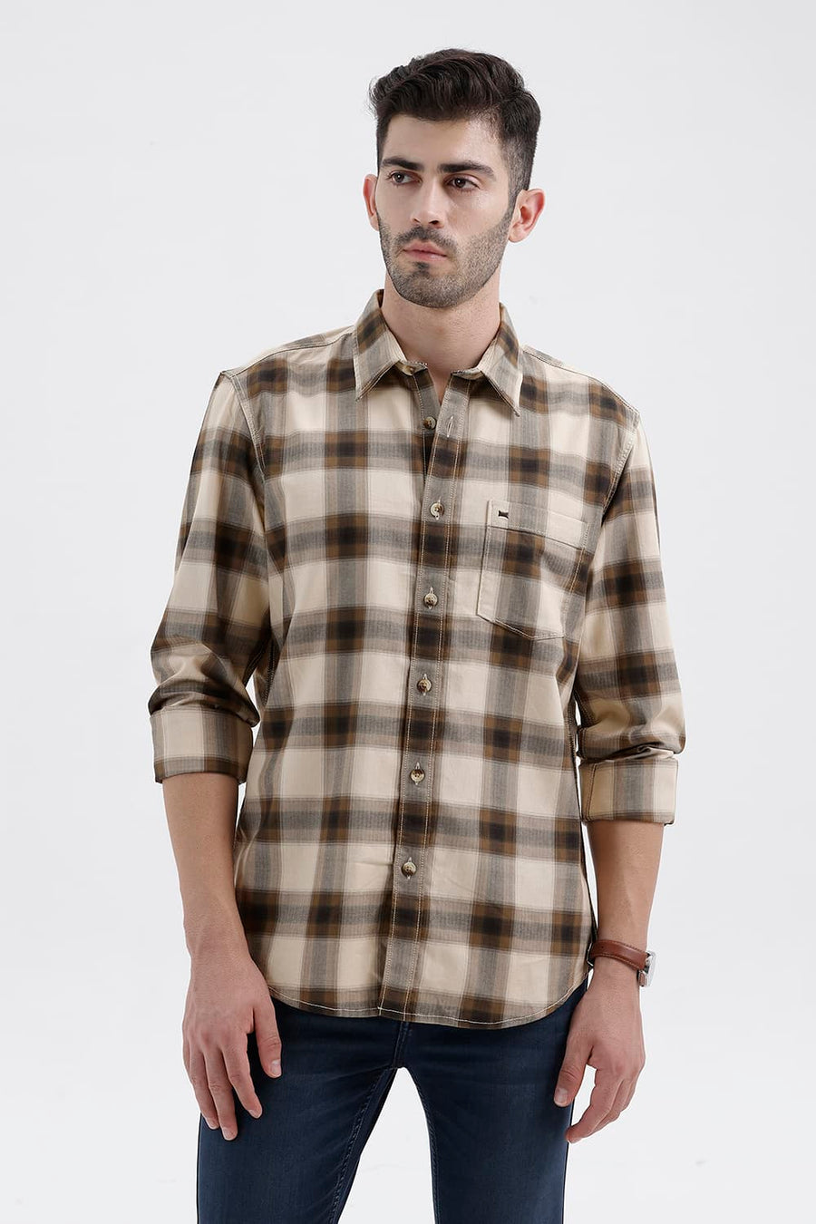 BASICS SLIM FIT BEIGE BISCOTTI COTTON HERRING BONE CHECKS SHIRT
