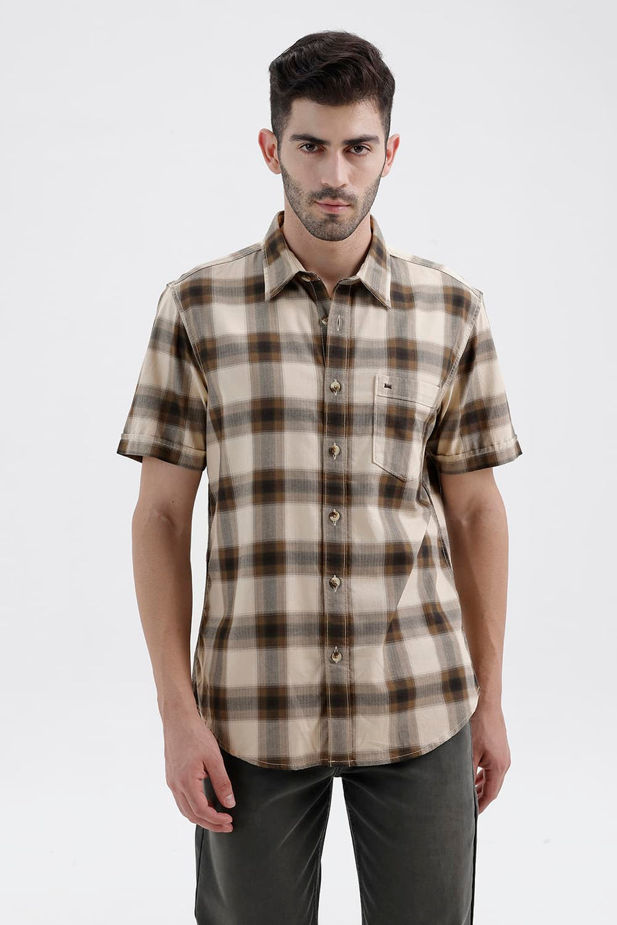 BASICS SLIM FIT BEIGE BISCOTTI COTTON HERRING BONE CHECKS HALFSLEEVES SHIRT