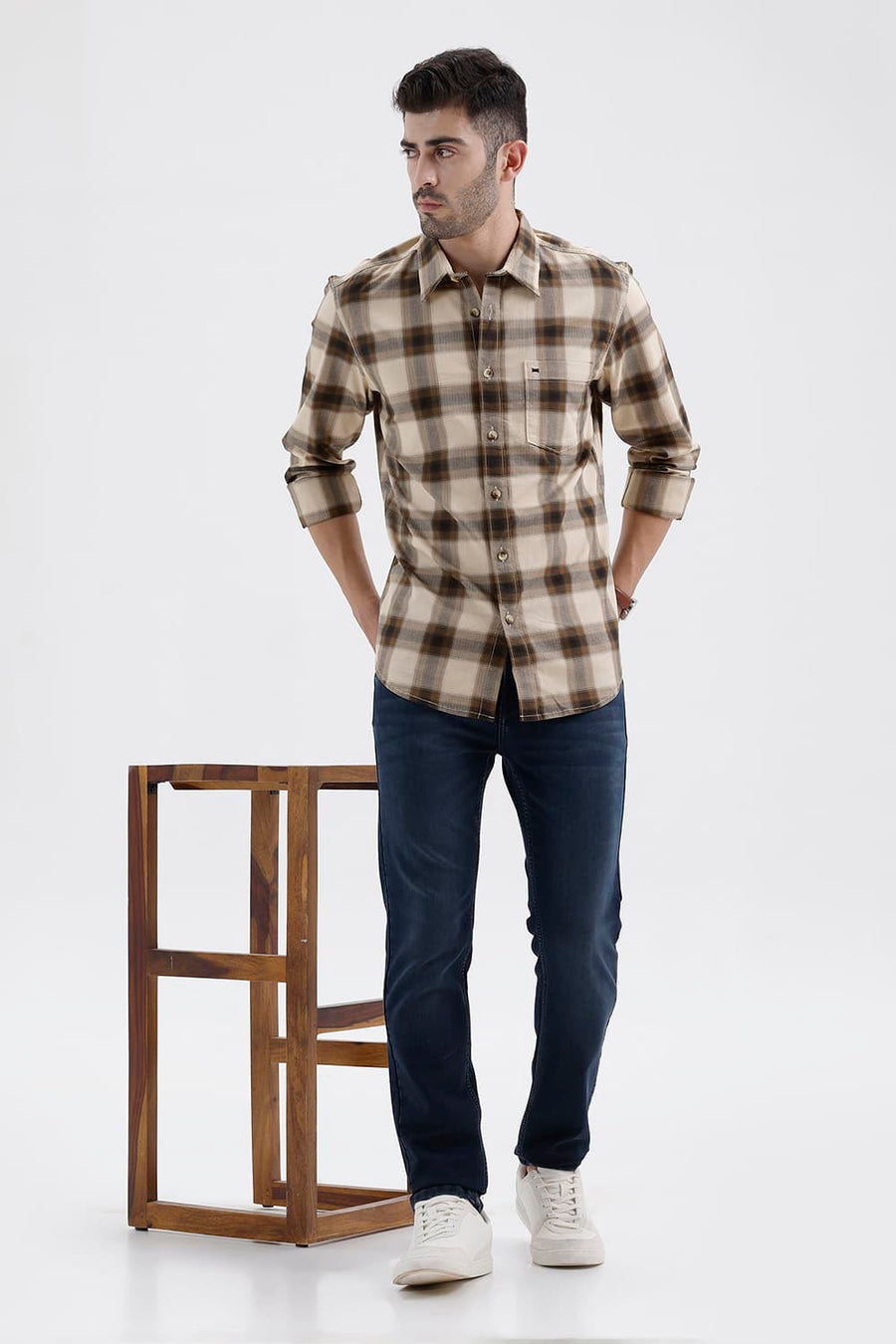 BASICS SLIM FIT BEIGE BISCOTTI COTTON HERRING BONE CHECKS SHIRT