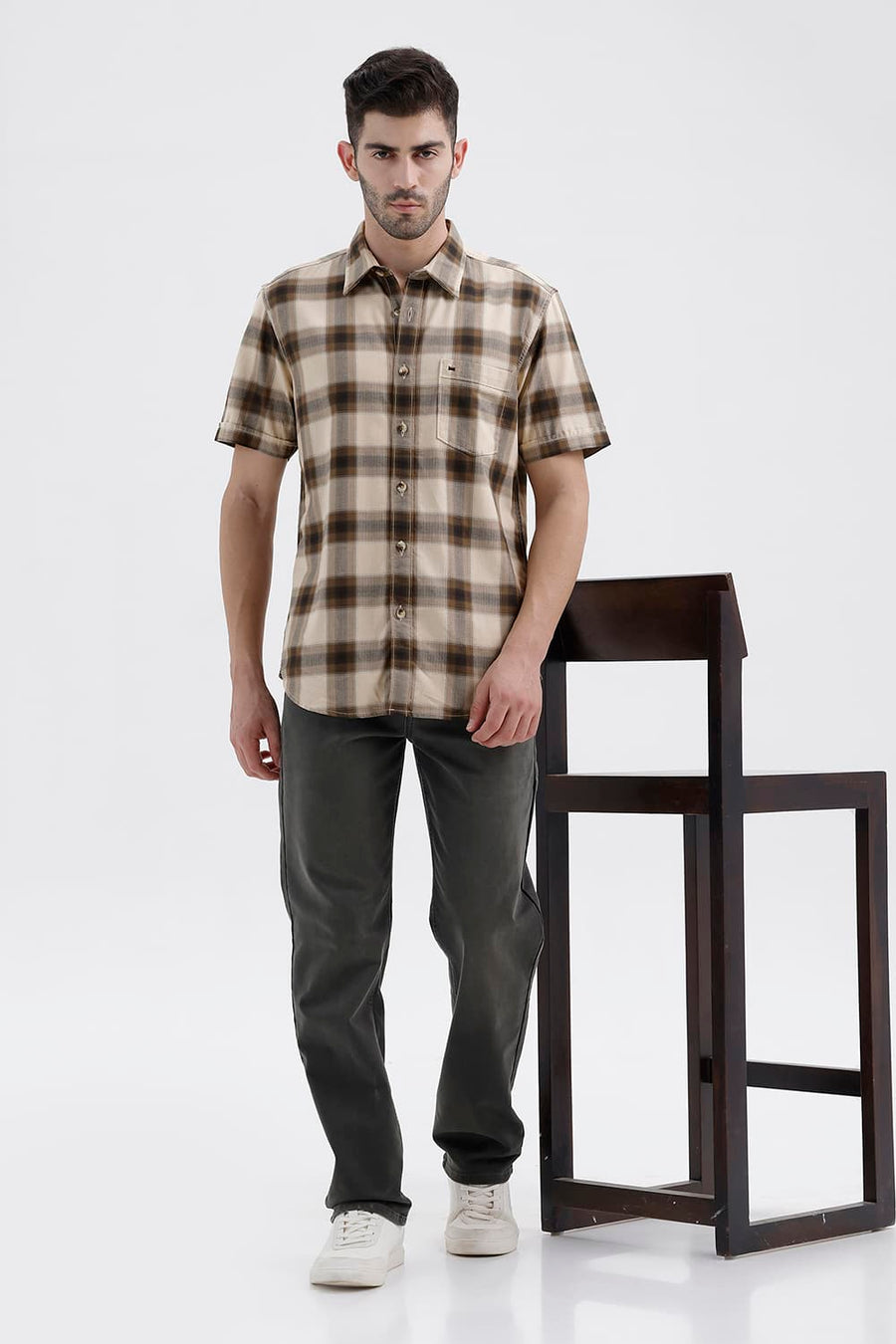 BASICS SLIM FIT BEIGE BISCOTTI COTTON HERRING BONE CHECKS HALFSLEEVES SHIRT