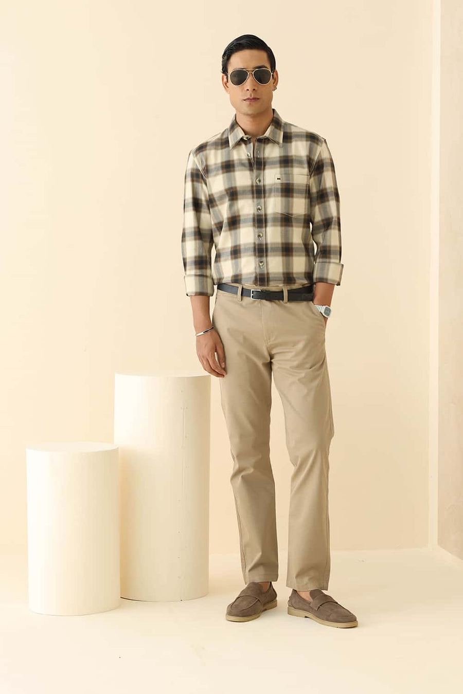 Basics Slim Fit Beige Biscotti Cotton Herring Bone Checks Shirt