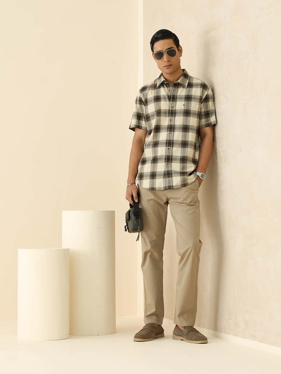Basics Slim Fit Beige Biscotti Cotton Herring Bone Checks Halfsleeves Shirt