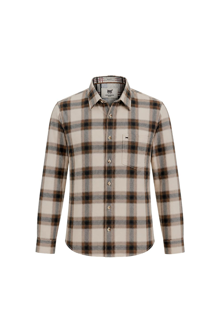 BASICS SLIM FIT BEIGE BISCOTTI COTTON HERRING BONE CHECKS SHIRT