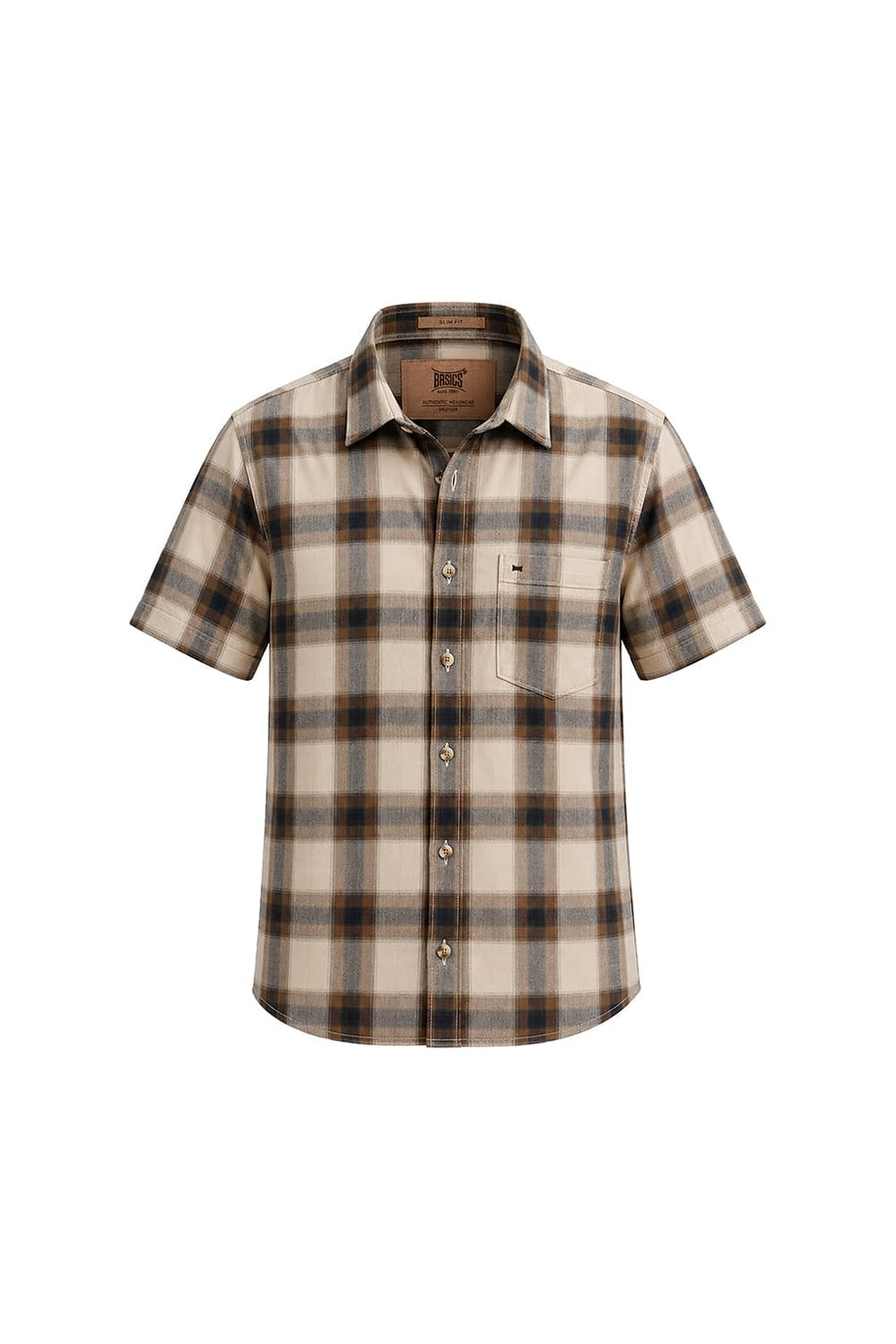 BASICS SLIM FIT BEIGE BISCOTTI COTTON HERRING BONE CHECKS HALFSLEEVES SHIRT