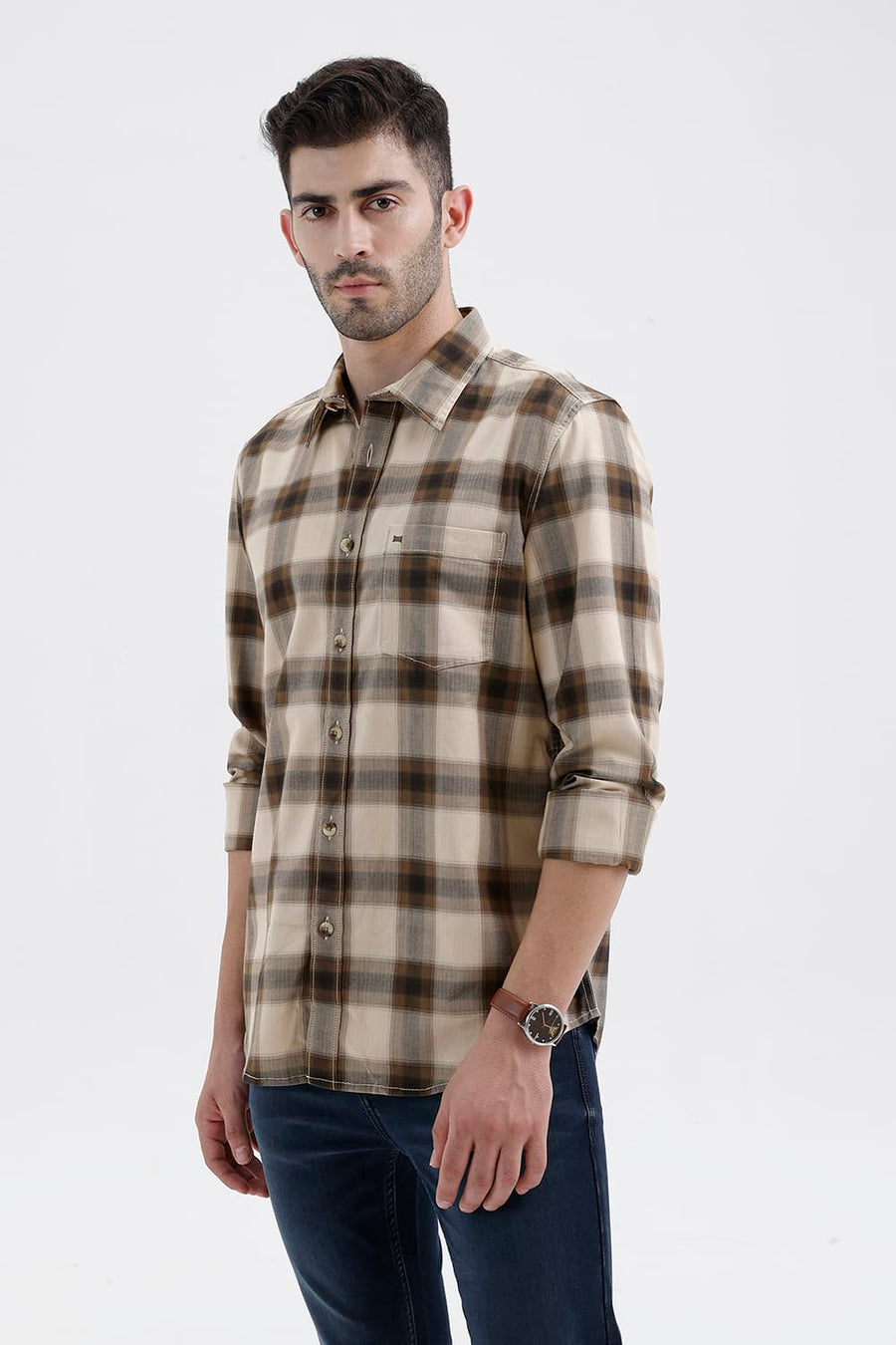 BASICS SLIM FIT BEIGE BISCOTTI COTTON HERRING BONE CHECKS SHIRT
