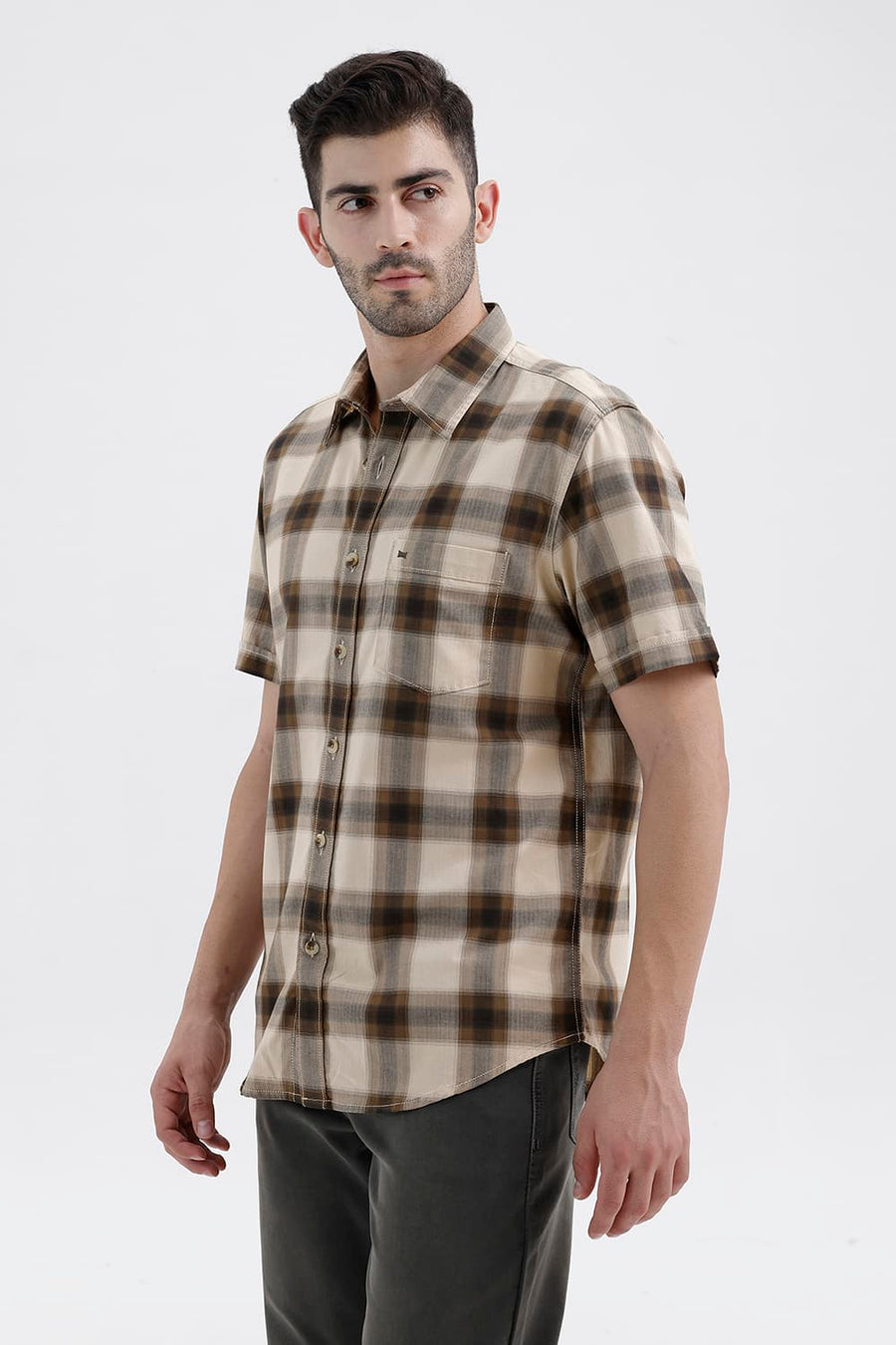 BASICS SLIM FIT BEIGE BISCOTTI COTTON HERRING BONE CHECKS HALFSLEEVES SHIRT