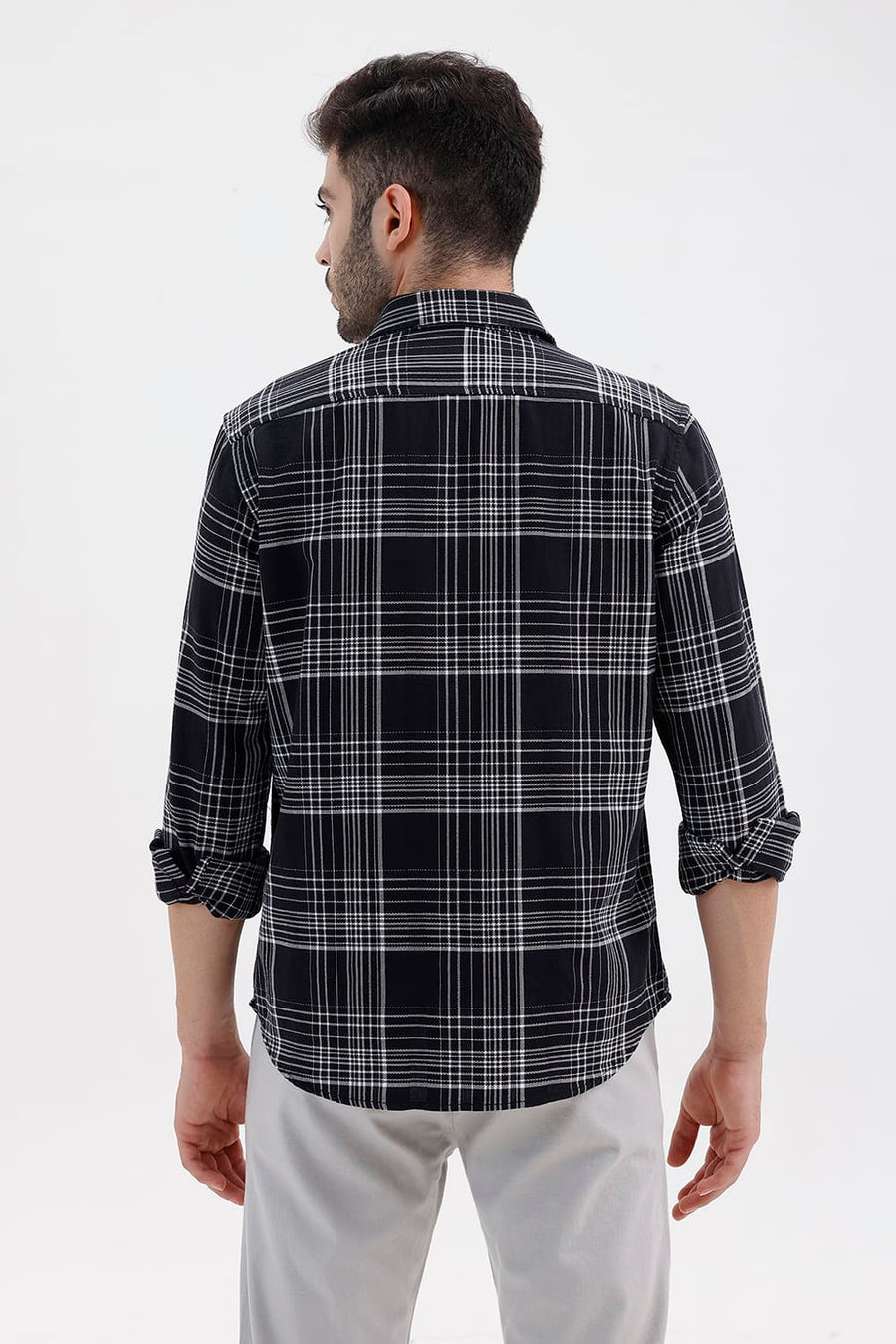 BASICS SLIM FIT BLACK SHOE COTTON DOBBY CHECKS SHIRT